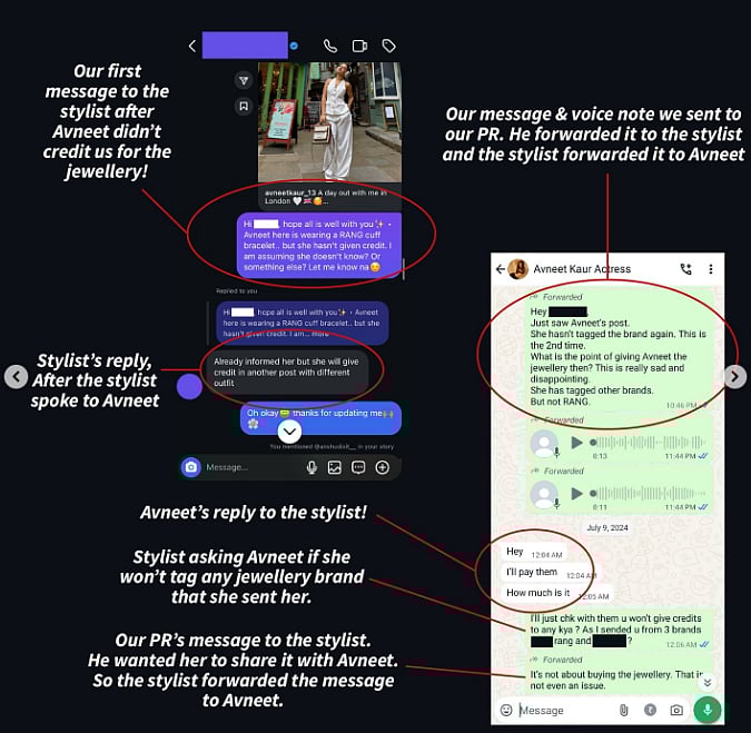 Screenshots of Avneet's chat with the brand's PR